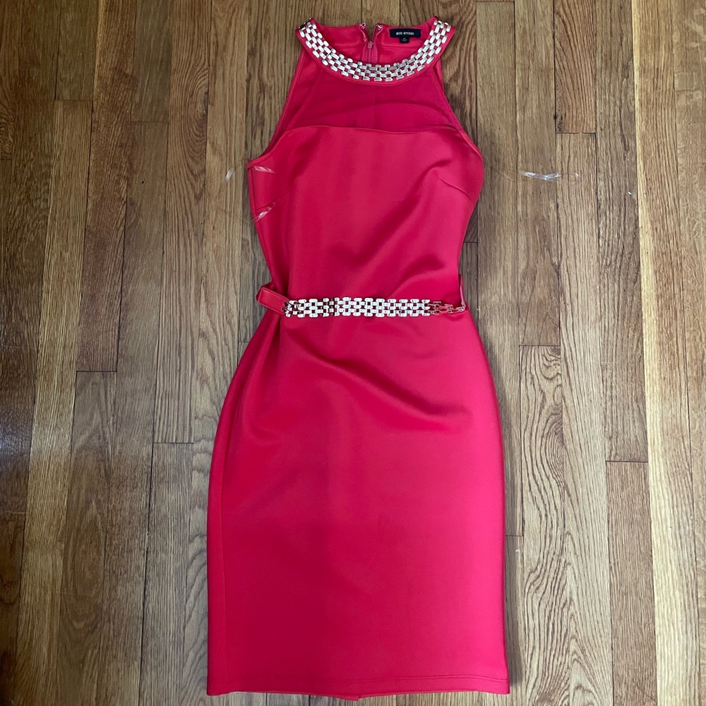 Gorgeous Red Dress With Gold Chain Neckline & Gold Belt, Zip Up Back With Hook